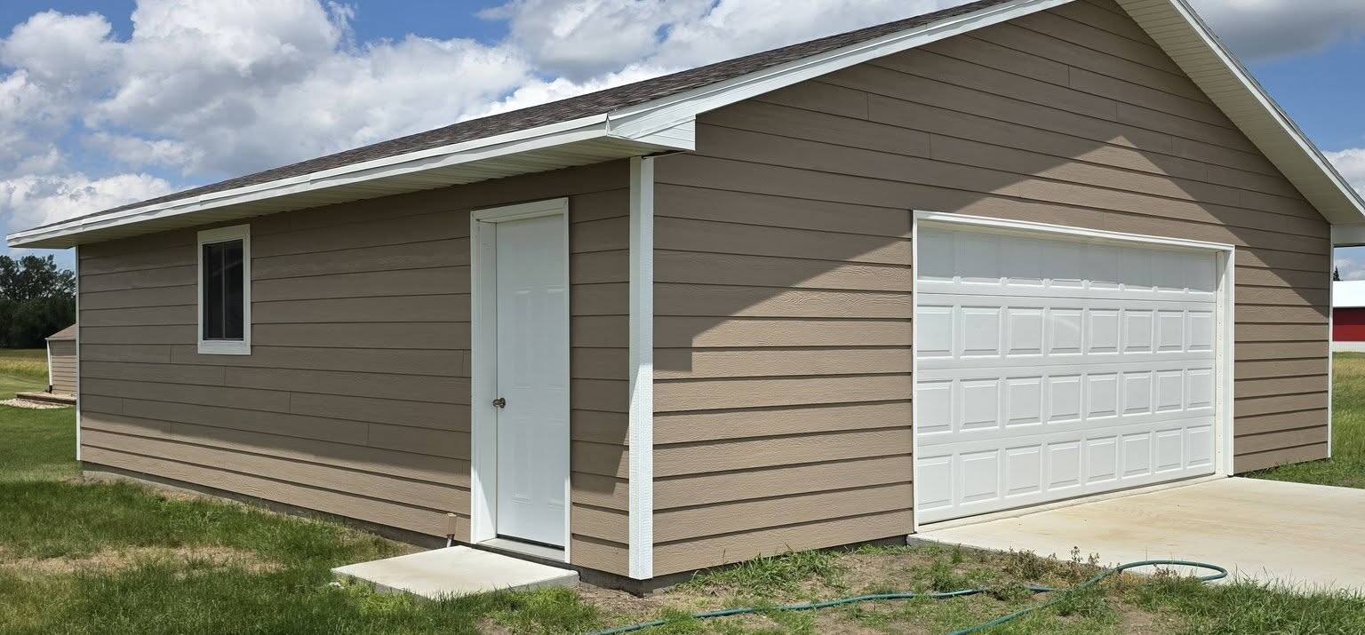 detached garage with freshly painted tan siding