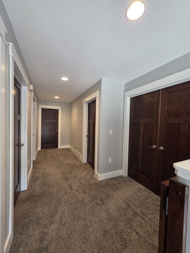 After: hallway with dark stained doors, walls repainted a warm gray with crisp white trim
